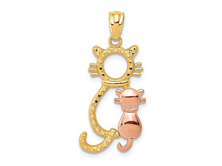 14K Yellow and Rose Gold Polished Diamond-cut Sitting Cats Pendant
