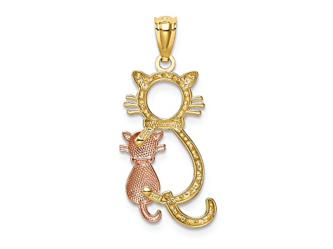 14K Yellow and Rose Gold Polished Diamond-cut Sitting Cats Pendant