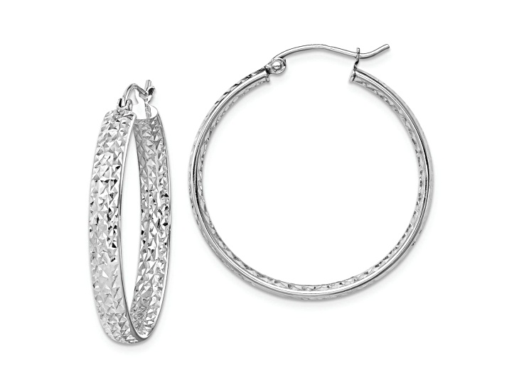 Rhodium Over 14k White Gold Diamond-Cut 1 1/8" In and Out Hoop Earrings