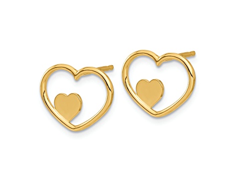 14K Yellow Gold Open Heart with Small Heart Post Earrings
