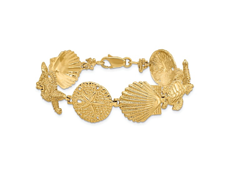 14k Yellow Gold Polished and Textured Sand Dollar, Starfish and Turtle Link Bracelet