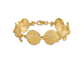 14k Yellow Gold Polished and Textured Sand Dollar, Starfish and Turtle Link Bracelet
