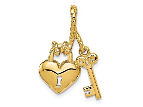 14K Yellow Gold Polished and Textured Key Tied to Heart Lock Charm