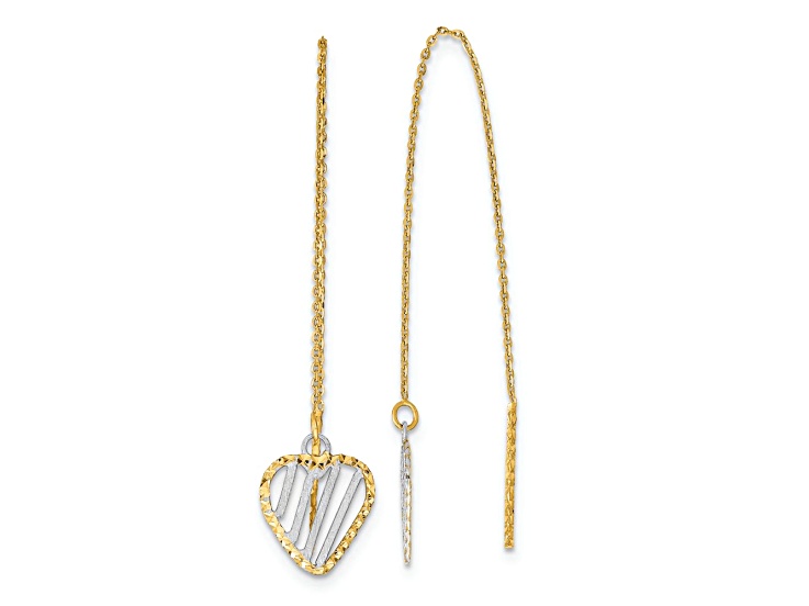 14k Yellow Gold and Rhodium Over 14k Yellow Gold Satin Diamond-Cut Heart Dangle Threader Earrings