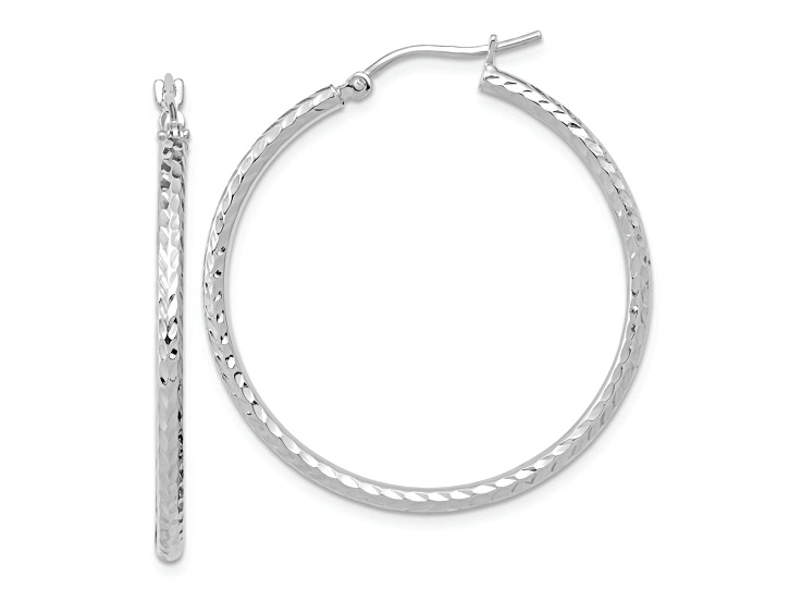 Rhodium Over 10k White Gold 1 7/16" Diamond-Cut Round Tube Hoop Earrings