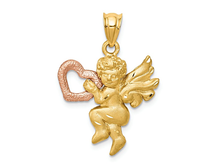 14k Yellow Gold and 14k Rose Gold Satin and Diamond-Cut Angel Charm