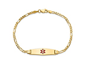 10k Yellow Gold Medical Soft Diamond Shape Red Enamel Figaro Link ID Bracelet