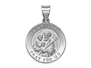 Rhodium Over 14K White Gold Polished and Satin St Joseph Medal Hollow Pendant