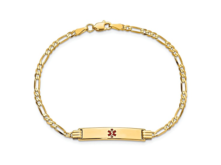 14k Yellow Gold Medical Red Enamel Figaro ID Bracelet