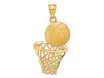 Picture of 14k Yellow Gold Satin, Textured and Diamond-Cut Basketball and Net Pendant