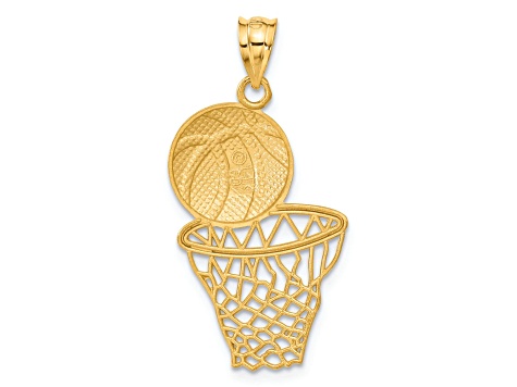 14k Yellow Gold Satin, Textured and Diamond-Cut Basketball and Net Pendant