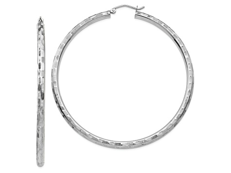 Rhodium Over 14k White Gold 2 3/8" Diamond-Cut Hoop Earrings