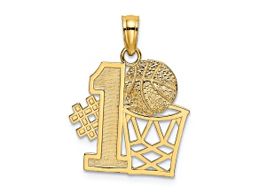 14k Yellow Gold Textured and Brushed Number 1 Basketball with Hoop Charm