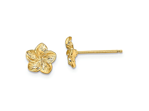 14k Yellow Gold Textured 7.2mm Plumeria Flower Stud Earrings