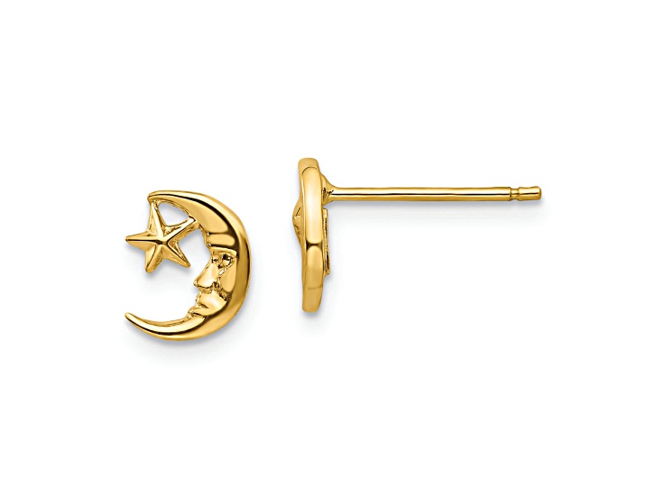 14K Yellow Gold Moon and Star Post Earrings