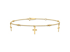 10k Yellow Gold Polished and Textured Cross Charm Cable Link Anklet