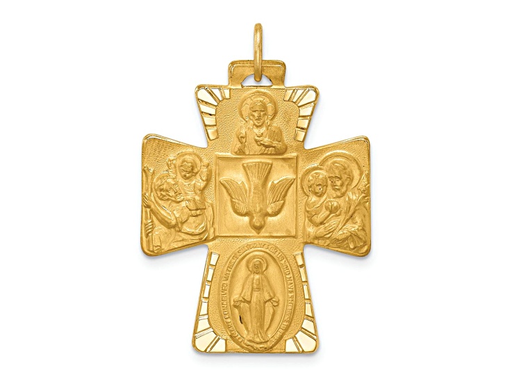 14k Yellow Gold Polished and Satin Large 4-Way Medal Cross Pendant