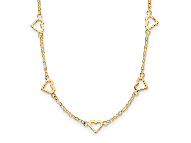 14K Yellow Gold Polished Open Hearts on Heart Link 17-Station Necklace