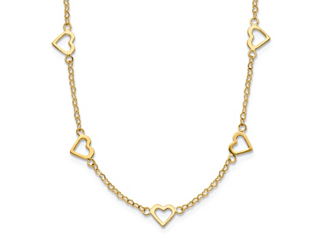 14K Yellow Gold Polished Open Hearts on Heart Link 17-Station Necklace