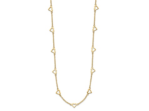 14K Yellow Gold Polished Open Hearts on Heart Link 17-Station Necklace