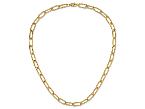 14K Yellow Gold Polished Textured Oval Link Necklace