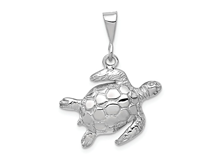 Rhodium Over 14K White Gold Solid Polished Open-Backed Sea Turtle Pendant