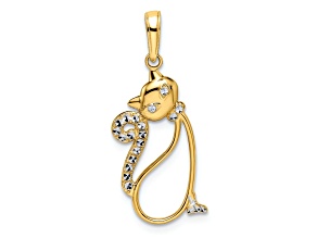 14K Yellow Gold with White Rhodium Diamond-cut Cat Pendant