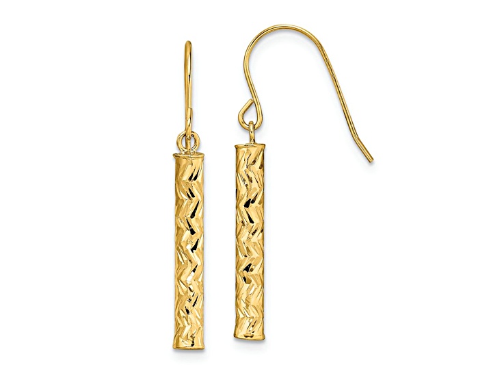14k Yellow Gold Polished and Diamond-Cut Bar Dangle Earrings