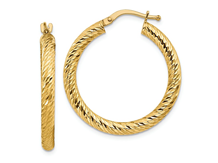 14k Yellow Gold 1 1/8" Diamond-Cut Round Hoop Earrings