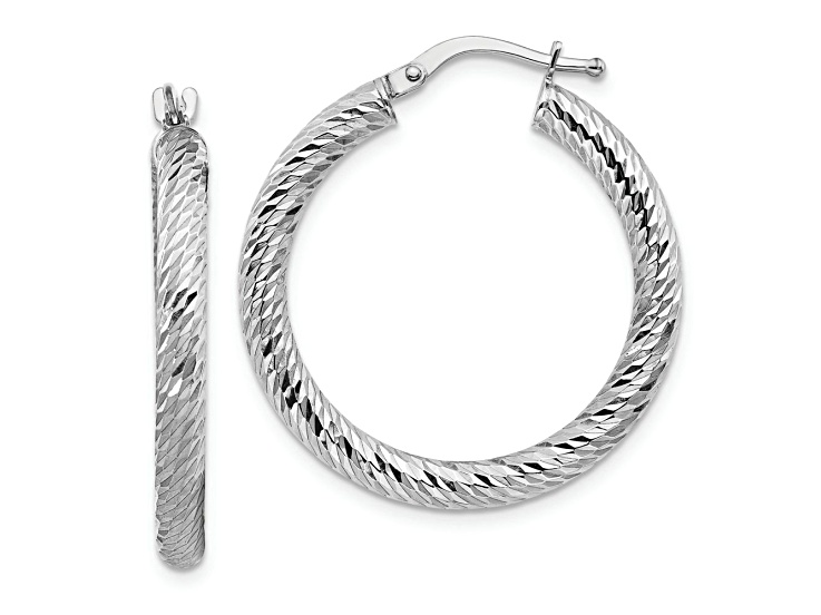Rhodium Over 14k White Gold 1 1/8" Diamond-Cut Round Hoop Earrings