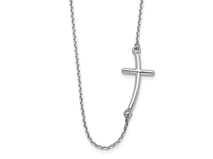 Rhodium Over 14K White Gold Large Sideways Curved Cross Necklace