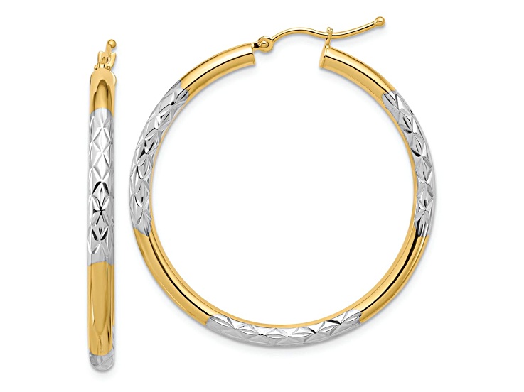 10k Yellow Gold and Rhodium Over 10k Yellow Gold Diamond-Cut 1 5/8" Hoop Earrings