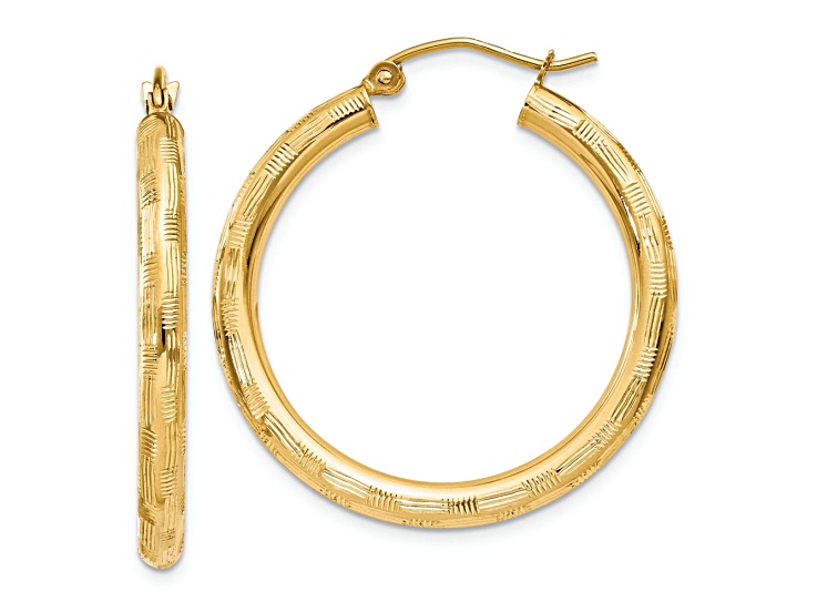 14k Yellow Gold 1 3/16" Diamond-cut Hoop Earrings