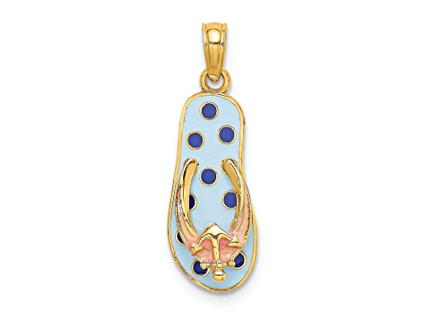 14k Yellow Gold Enamel Anchor On Blue Polka-Dot Flip-Flop Pendant