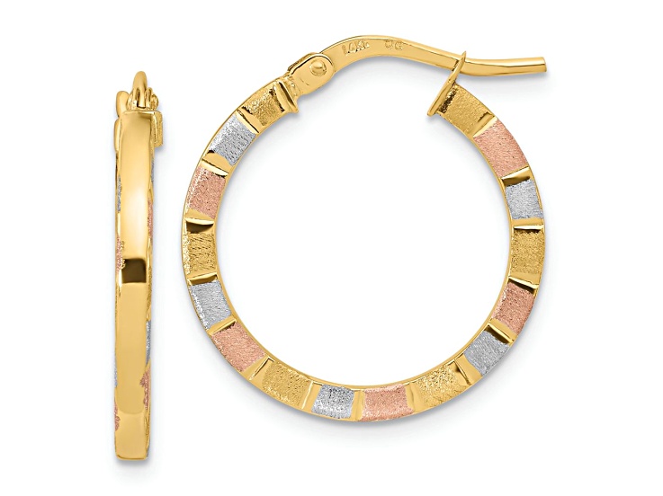 14k Tri-color Gold 7/8" Polished and Satin Hoop Earrings