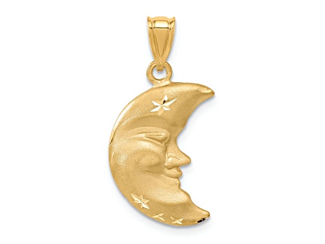 14k Yellow Gold Satin and Diamond-Cut Moon Pendant