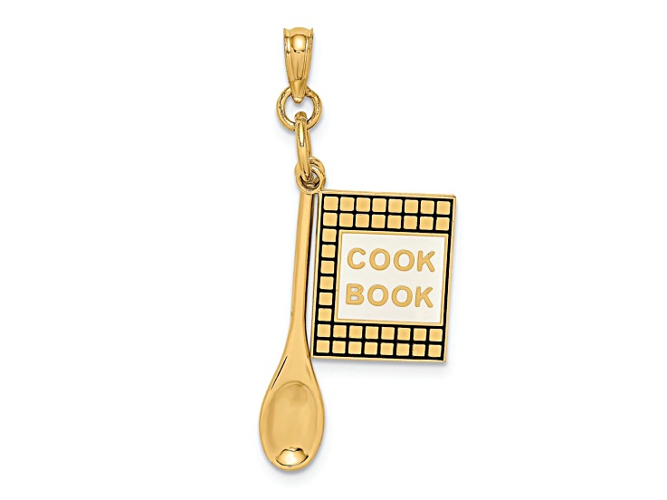 14k Yellow Gold 3D Cook Book with Black Enamel and Spoon Charm