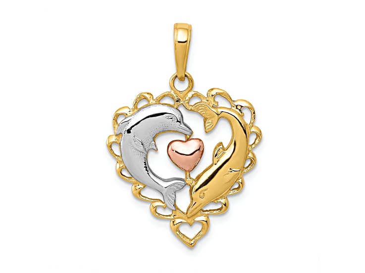 14K Tri-color Gold Textured Dolphins in Heart Pendant