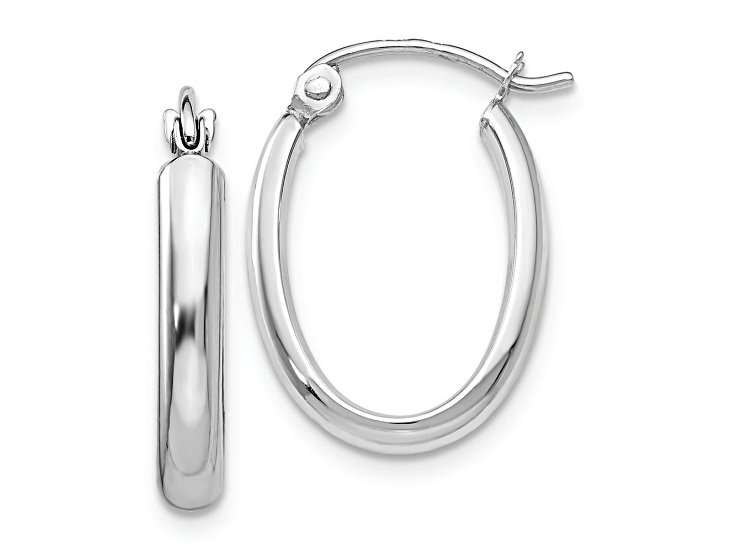 Rhodium Over 10k White Gold 3/8" Polished Oval Tube Hoop Earrings