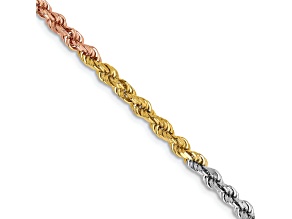 14k Yellow Gold, 14k White Gold and 14k Rose Gold 2.9mm Solid Diamond-Cut Rope 16 Inch Chain