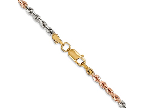 14k Yellow Gold, 14k White Gold and 14k Rose Gold 2.9mm Solid Diamond-Cut Rope 16 Inch Chain