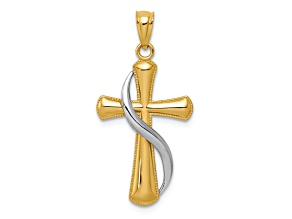 14K Yellow and White Gold Polished Cross with Drape Pendant