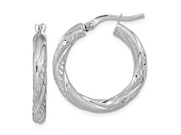Picture of Rhodium Over 14K White Gold 15/16" Polished Satin and Diamond-Cut Hoop Earrings