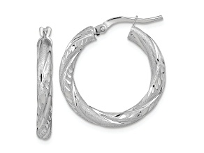 Rhodium Over 14K White Gold 15/16" Polished Satin and Diamond-Cut Hoop Earrings