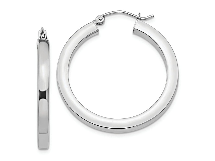 Rhodium Over 14k White Gold Polished 1 3/16" Square Tube Hoop Earrings