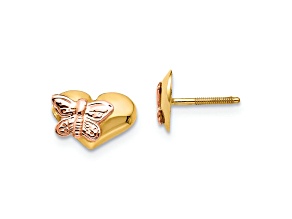 Rhodium Over 14k Yellow Gold Polished Butterfly Heart Screwback Earrings