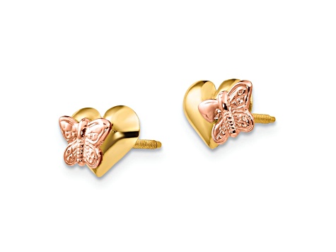 Rhodium Over 14k Yellow Gold Polished Butterfly Heart Screwback Earrings