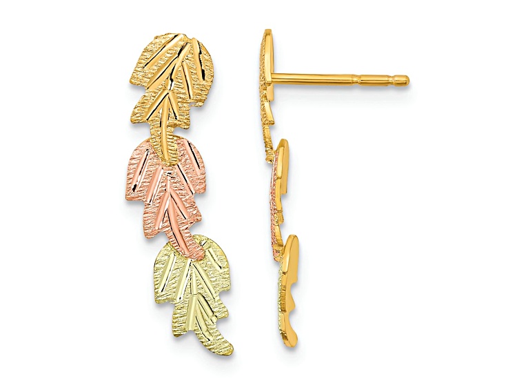 10k Yellow Gold with 12k Rose Gold and 12k Green Gold Accent Diamond-Cut Leaves Dangle Earrings