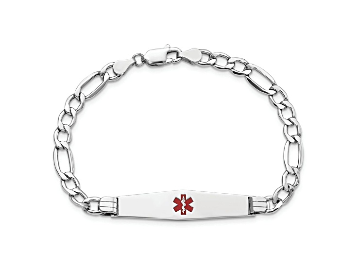 Rhodium Over 14k White Gold Medical Soft Diamond Shape Red Enamel Figaro ID Bracelet
