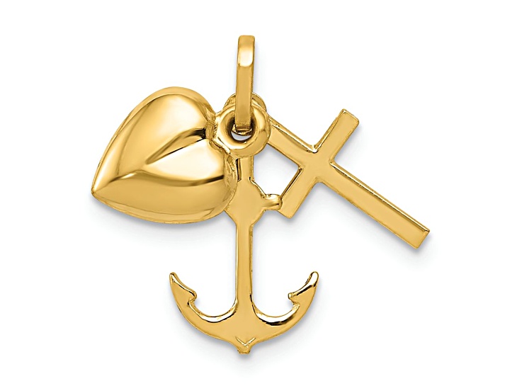 14k Yellow Gold Polished Moveable Heart Cross Anchor Pendant